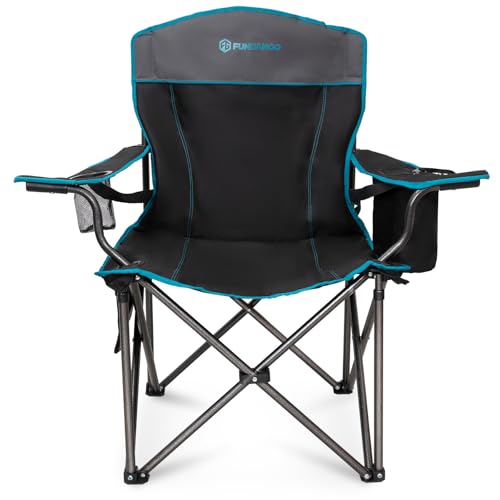 FUNDANGO Campingstuhl Faltbar 205KG Übergroßer Camping Stuhl Gepolster mit Verstellbarer Rückenlehne, Klappstuhl Camping mit Getränkehalter & Kühltasche XXL Angelstuhl Outdoor Stuhl, Schwarz/Grau