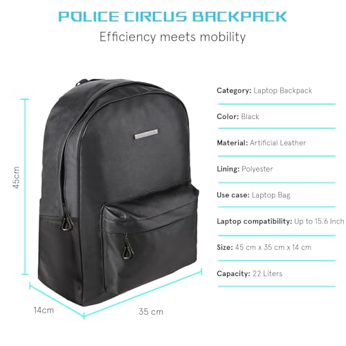 Image of Police Premium Vegan Leather Single Compartment Laptop Backpack - Black | 22L Stylish & Durable Laptop Backpack for Men | Spacious Office, Travel & Daily Use Backpack