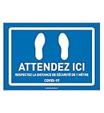 AUA SIGNALETIQUE - Signalisation au Sol Empreintes Attendez Ici - Autocollant laminé - Bleu - 600x420 mm