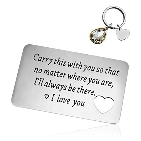 Metal Engraved Wallet Card Inserts Keyring Set for Boyfriend Husband Him Anniversary Card Gifts for Men Women Long Distance Relationship Gift Birthday Valentines Wedding Deployment Gifts Cards Cover