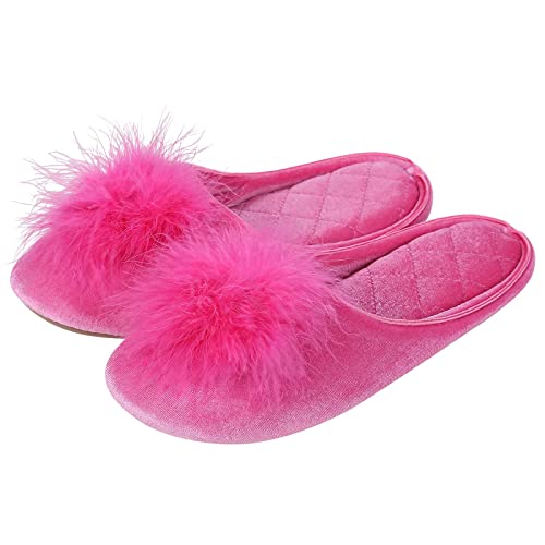 Evshine Women s Cozy Velvet Memory Foam House Slippers Feather Pom Pom House Shoes with Non Slip Soles