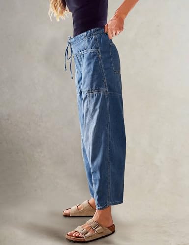 Barrel Jeans for Women Stretch Elastic Waist Pull-on Wide Leg Baggy Pants Lightweight Casual Crop Denim with Drawstring3