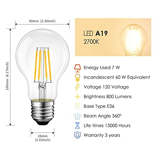 Lvwit A19 Led Vintage Led Filament Bulb E26 Base Dimmable 7W (60W Equivalent)，2700K Warm White 800 Lumens，Omnidirectional, Ul-Listed, Pack Of 6 #TOP4