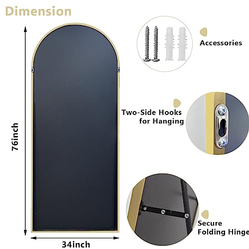 Oversized Full-Body Mirror, 76" x 34" Arched Full-Length Mirror, Gold Metal Frame, Floor Mirror for Bedroom, Living/Dressing Room, Gym - Stand/Wall Mounted/Leaning