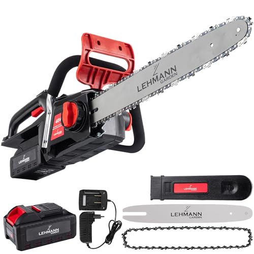LEHMANN Tronçonneuse à Batterie 40 V, Longueur 16'' (40 cm), Vitesse de Chaîne de 19 m/s avec Lubrification Automatique, Moteur Brushless, Batterie et Chargeur inclus, Ergonomique et Légère