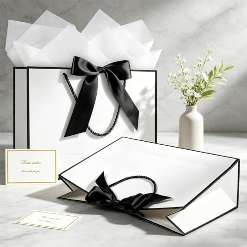 Image of JMANNI Gift Bags with Handles, 13 inch Medium Gift Bag for Presents, 2 Pcs Bags with 4 Tissue Paper and 2 Cards for Baby Shower Wedding Bridal Shower Mother's Day Birthday Party(white-Black)