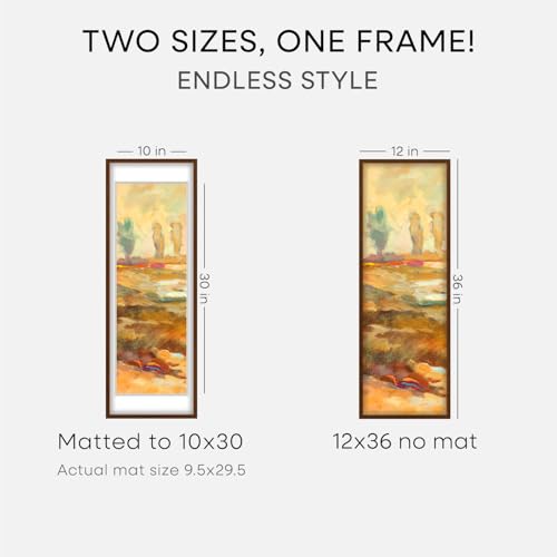 Image of Homeforia 12x36 Picture Frame Brown, High End Dark Oak 12x36 Walnut Wood Poster Frame with Mat 10x30 Art, 12 x 36 Wooden Frame Matted to 10 x 30 Photo, 36x12 Frames, Tempered Glass, Wall Kit, Set of 2