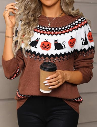Kinghua Halloween Sweaters for Women Spring Fall Color Block Crewneck Long Sleeve Ribbed Loose Fit Pullover Sweater4