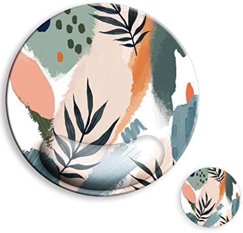 Large Mouse Pad Wrist Support Dia 9.45 inch, Cute Round Ergonomic Mouse Pad, Mouse Pads for Desk, Mousepad with Wrist Rest for Computer Laptop Gaming Home Office Decor-Abstract Leaves