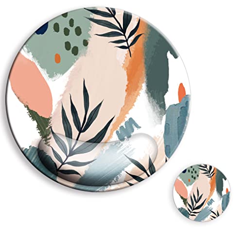Large Mouse Pad Wrist Support Dia 9.45 Inch, Cute Round Ergonomic Mouse Pad, Mouse Pads For Desk, Mousepad With Wrist Rest For Computer Laptop Gaming Home Office Decor-Abstract Leaves #TOP25
