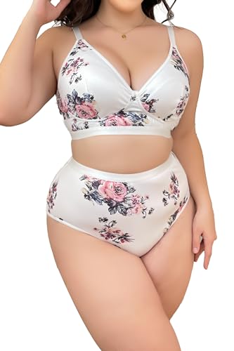 Women's Plus Size 2 Piece Lingerie Set Floral Sexy V Neck 3/4 Cup Bra High Waist Panty Matching Sets Underwear3
