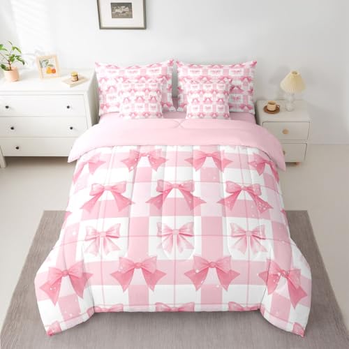 Image of Pink Bow King Size Comforter Set with Sheets | Cute Ribbon Bowknot 7 Piece Bedding Set Princess Bow Tie Bed in a Bag, Dreamy Pink Plaid Bowknot Room Decor,Kawaii Room Decor Aesthetic