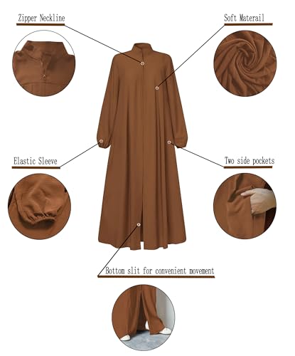Image of Womens Abaya Muslim Long Sleeve Front Zipper Dress Prayer Islamic Clothes with Pockets