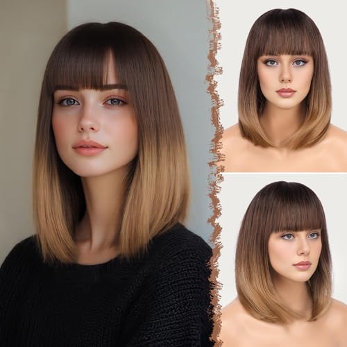 FESHFEN Kurze Bob Perücken mit Pony für Damen Mittellange Synthetik Perücken Gerade Haar Perücken für Frauen 35 cm Schwarzen Ansatz bis Zum Braunen Blond