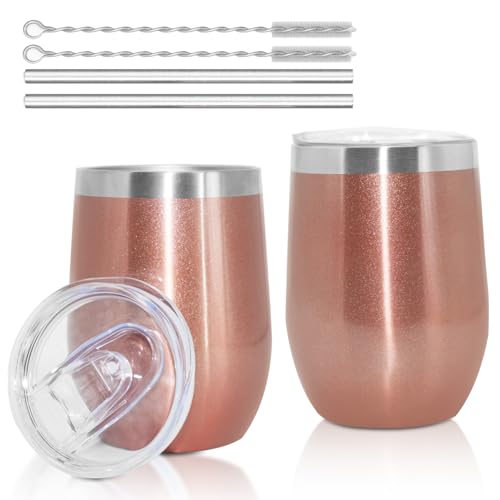 Fsaklaskdy 2 Pcs Tazza Termica, 12 OZ Tazza da Viaggio per Caffe, Beuta Vuoto in Acciaio Inossidabile, Tazze Caffe Compatta Doppia Parete con Coperchio Prova Perdite, Bicchiere Termico con Cannuccia