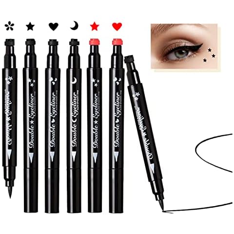Liquid Eyeliner Stamp Set,6 Pcs Double-sided Liquid Stamp Eyeliner Pen Smudgeproof Long Lasting Seal Eyeliner Waterproof Eyeliner Pen Star Moon Heart Flower Eye Stamp for Mom Women Gift Cover