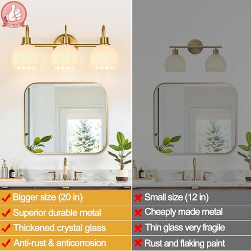 Image of Bathroom Light Fixtures, 3-Light Gold Vanity Light Fixtures with White Tulip Glass Shades, Bathroom Lighting Fixtures Over Mirror for Bedroom, Living Room & Hallway (Bulbs Not Included)
