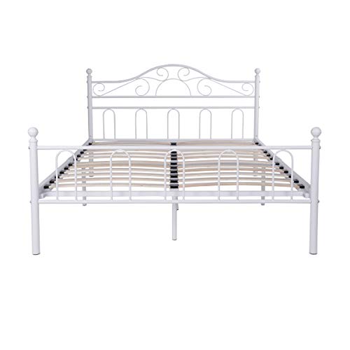 Aingoo Lit métal Double avec Lattes en Bois et Cadre de lit renforcé avec sommier de tête de lit Haute, sommier à Ressorts,140x190 cm Blanc