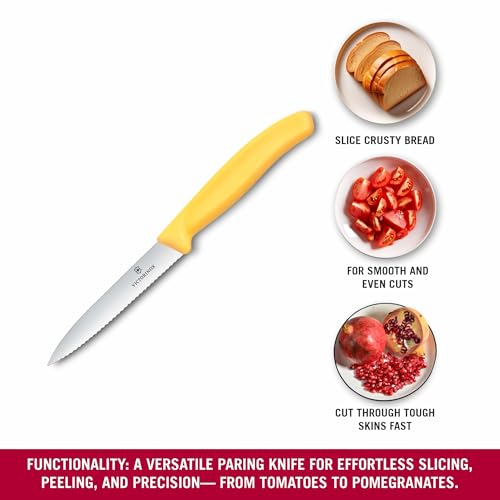 Image of Victorinox Swiss Made Stainless Steel Swiss Classic Paring Knife, 10 cm, Serrated Edge with Pointed Tip, Professional and Household Kitchen Tools, Kitchen Items, Yellow, 6.7738.C1 | Multipurpose Knife