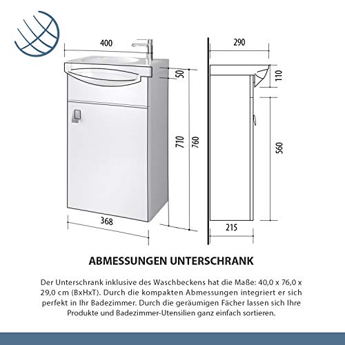 Planetmöbel badmeubelset wastafel met badmeubel 40 x 60 x 29 cm met spiegelkast 40 cm voor badkamer & gastentoilet, wit - Afbeelding 4