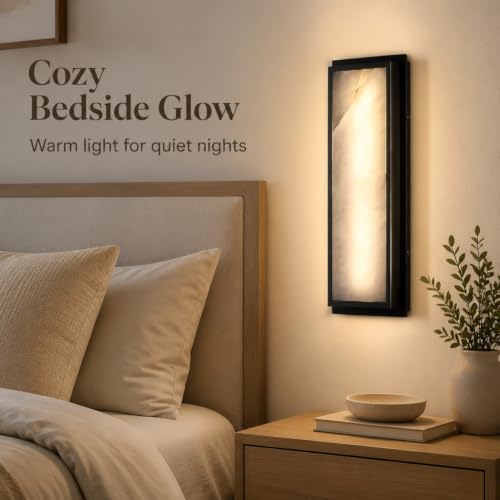 Image of 16 Inch Natural Alabaster Bathroom 20W-3000K LED Home Wall Sconce Modern Concise Style Wall Light Fixture,Black Finish for Bedroom Hallway Bedside Living Room