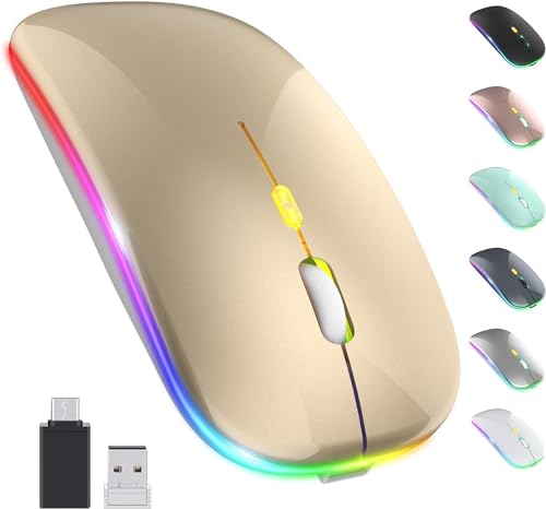 Image of LED Wireless Mouse, Slim Silent Mouse 2.4G Portable Mobile Optical Office Mouse with USB & Type-c Receiver, 3 Adjustable DPI Levels for Notebook, PC, Laptop, Computer (Gold)