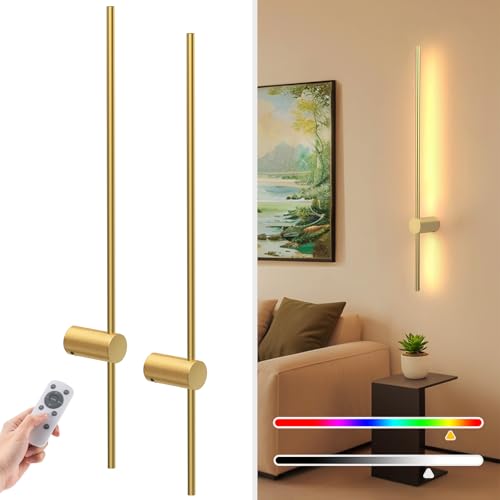 NIORSUN 35.4 Inch Battery Operated Wall Sconce Set of 2,Gold Minimalist Rechargeable LED Wall Lights with Remote, 10 Colors Dimmable Wireless Wall Sconce for Living Room Bedroom Hallway