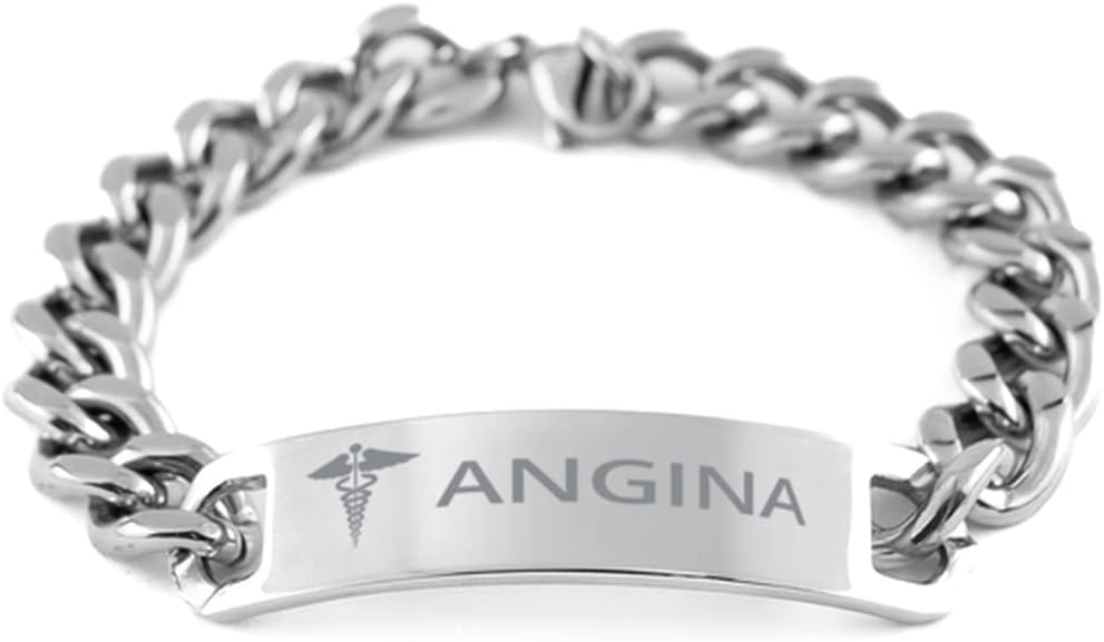 Medical Cuban Chain Stainless Steel Bracelet, Angina Awareness, Medical Symbol, SOS Emergency Health Life Alert ID Engraved Stainless Steel Silver Jewelry Adjustable Bracelet For Men Women Teen