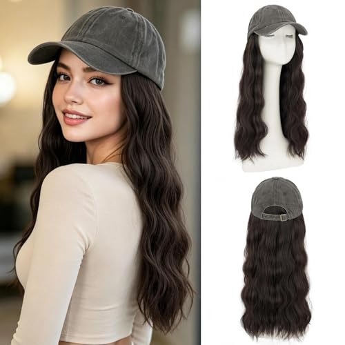 Benehair Hat Wig Extensions, Baseball Cap with Synthetic Hair Attached, Adjustable Wig Hairpieces for Women Daily Outdoor, 18 Inch Long Wavy Deep Brown Hair with Grey Cap