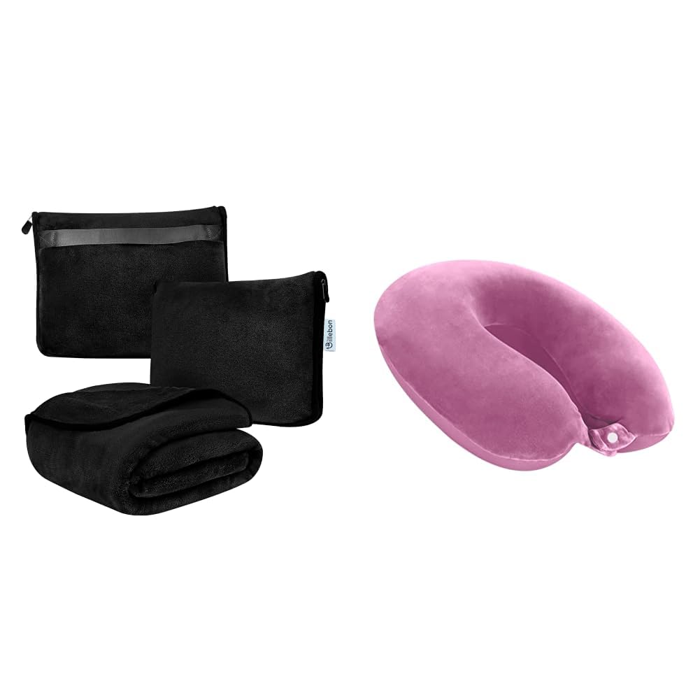 Travel Blanket Airplane Compact Soft Lightweight & Cozy Blanket with Soft Bag Pillowcase + Cool Gel Infused Memory Foam Travel Neck Pillow with Magnetic Fabric Neck Support Pillow-image-5