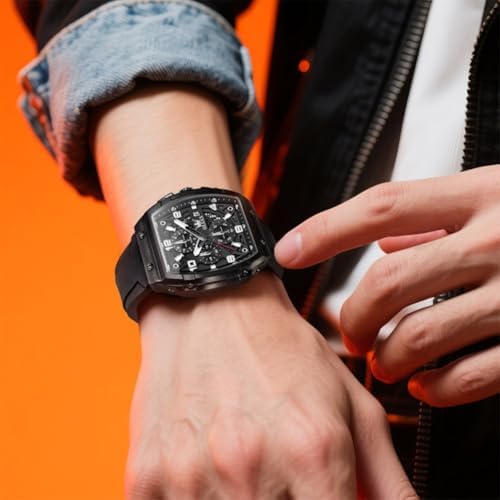 OLEVS Mens Black Watch Luxury Dress Stainless Steel Watches Large Chronograph Silicone Strap Waterproof Square Watch for Men — view 6