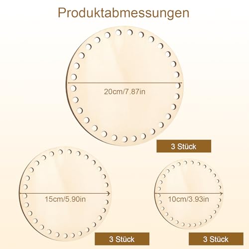 Korbboden Zum Häkeln, Holzboden Für Häkelkorb, 9 Stück Runde Flechtböden (10/15/20 cm je 3 Stück), Perfekt Für DIY Bastelprojekte, Häkelkörbe Und Heimdekoration