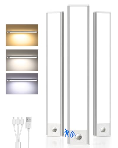 Image of Under Cabinet Lighting Wireless, Rechargeable Battery Motion Sensor Light Indoor, LED Closet Lights USB Charging, 3 Color Dimmable Under Cabinet Lights for Kitchen, Cabinet, Wardrobe (3 Pcs) 16inch