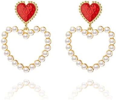 Pearl vintage drip oil Heart Earrings for Women, Fashionable Statement Earrings, Perfect Heart Jewelry as Valentines Day Outfit Ornament