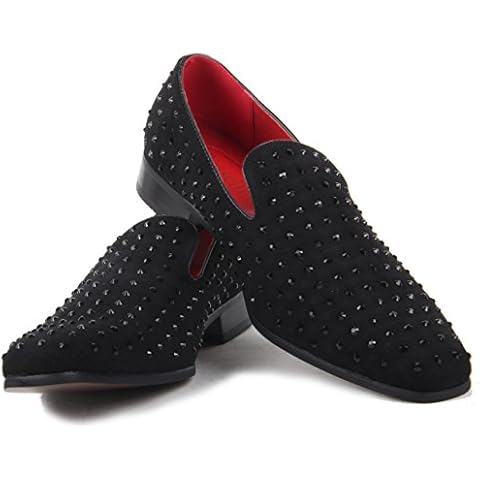Rossellini Mens Suede Slip On Black Blue and Red Faux Suede Studded Heel Mocasin Loafers Driving Shoes Formal Smart Casual Leather Italian Baldoria (7 UK, Black) Cover