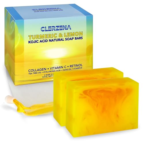 Lemon Turmeric Kojic Acid Soap Bars for Dark Spots | Vitamin C & E, Retinol, Collagen, Tea Tree Oil | Spot Treatment for Face Bath Soap Bars | All Natural Soap Bar Face Soap for Women & Men -  CLERZENA