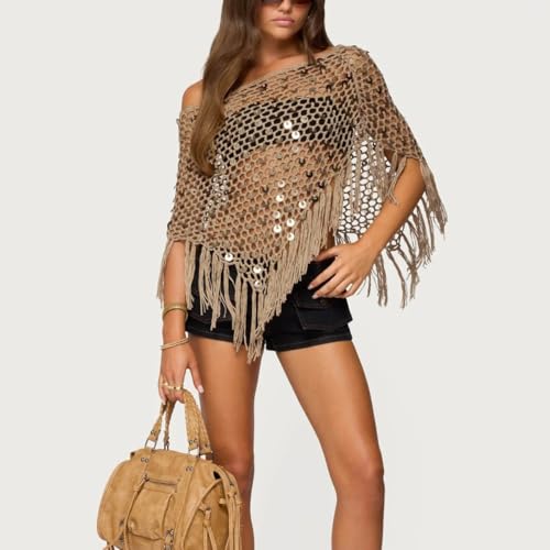 Fringe Sequin Crochet Poncho, Women Sheer Poncho Top Lightweight Knit Mesh Batwing Sleeve Beach Cover Ups2