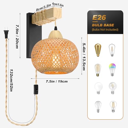 Image of Plug-in Wall Sconce - Lantern Bamboo Wicker Lamp With Cord and On /Off Switch - Boho Farmhouse Light Fixture Rattan Decor