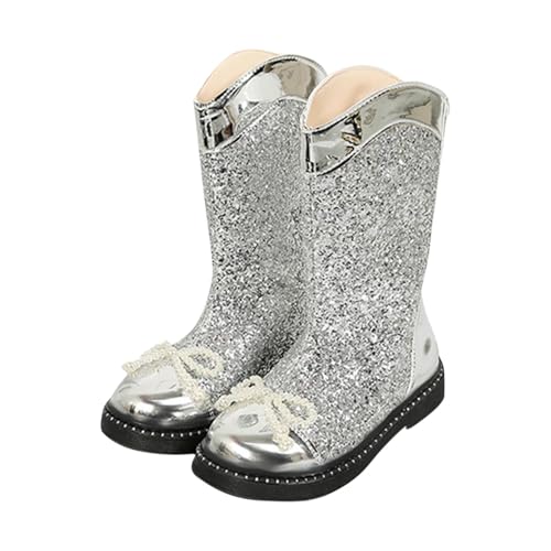 Girls Fashion Glitter Riding Boots Chunky Heel Sequin Mid Calf Boots With Bow Comfortable Non Slip Winter Shoes