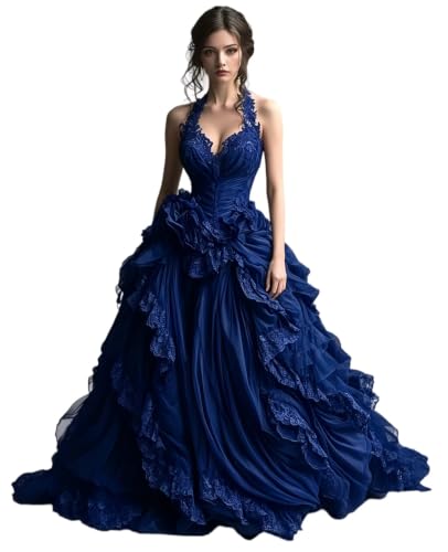 Dydsz Womens Gothic Halter Ruffle Royal Blue Prom Dress Formal Ball Gown 8