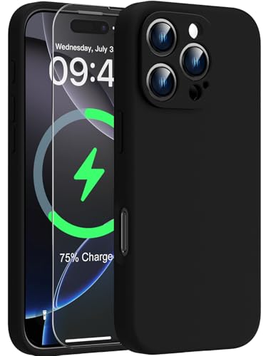 Goodon Magnetic for iPhone 16 Pro Max Case with Screen Protector - Wireless Charging Compatible - Full Camera Protection - Shockproof Protective Silicone Phone Case for Men Women Girls - Black