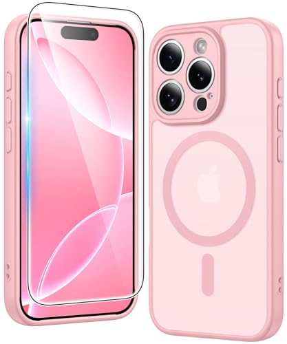 Image of FNTCASE for iPhone 16 Pro Case: Matte Magnetic Phone Cases with Screen Protector Compatible with Magsafe Slim Anti Yellowing Rugged Shockproof Protective Translucent Cell Phone Cover (C-Pink)
