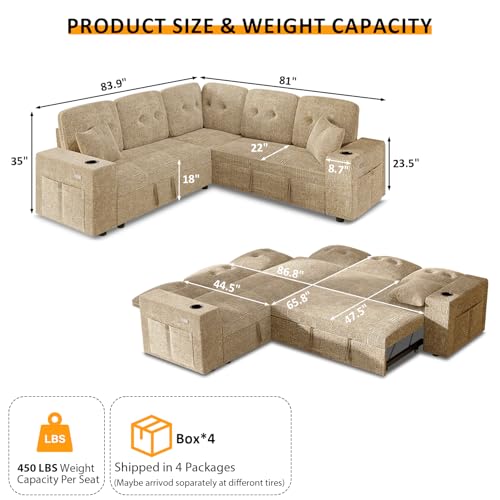 Image of Modular Sectional Sleeper Sofa with Pull Out Bed, 84 Inch L Shaped 5 Seat Couches for Living Room, Chenille Fabric Cloud Couch Bed with Storage & Reclining Backrest, USB Charging, Khaki