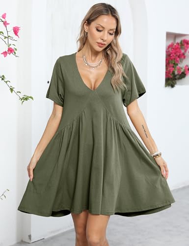 Image of Gozoloma Women Summer Short Sleeve Mini Dress Casual Loose V Neck Flowy Sundress Vacation Tshirt Sun Dress with Pockets