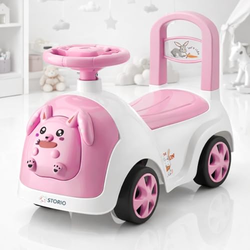 Image of Storio Rabbit Baby Ride-On Car Toy | Non-Battery Push Car for Kids with Backrest & Steering Wheel | Baby Ride On Toy for Boys & Girls 1-3 Years | Pink