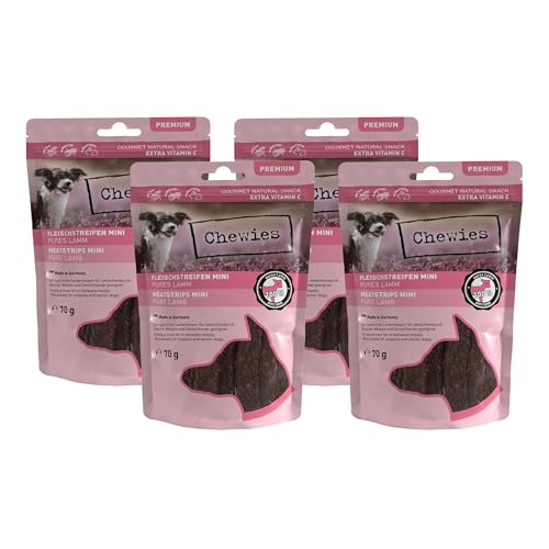 Chewies Fleischstreifen Maxi Hundeleckerli aus 100% Lammfleisch - 4 x 150 g - luftgetrocknete Lamm Kaustreifen für Hunde - zuckerfrei & getreidefrei - Dörrfleisch vom Lamm