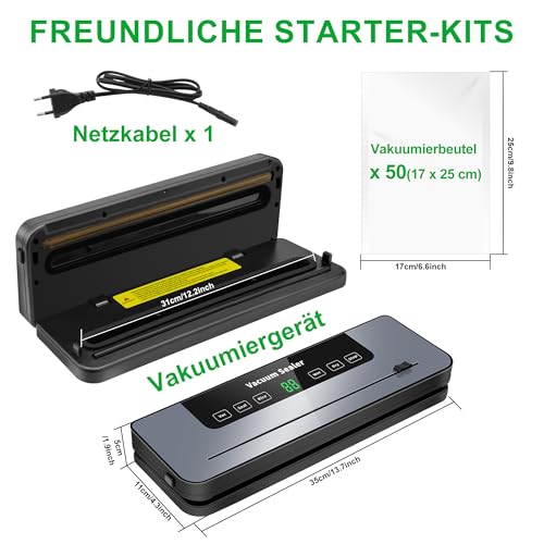 Vakuumiergerät, 7 in 1 Vakuumierer für Lebensmittel mit 50 Vakuumierbeutel, Vakuumiergerät Profi mit Cutter und Digitalem Countdown, Ideal für Küche und Restaurant Lebensmittelkonservierung