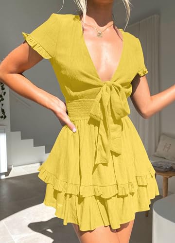 PRETTYGARDEN Women Summer Mini Short Dress 2025 Short Sleeve Casual Beach Vacation Sundress V Neck Tiered Sun Dresses