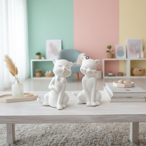 Image of Xtore Charming Ceramic Cat Couple Figurines for Home Decor | Minimalist Cute Showpieces for Living Room, Bedroom, Shelf & Gifting (White, 14 cm, Set of 2)