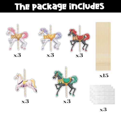 Image of Set of 15,Carousel Horses Table Centerpieces Sticks,Carousel Horse Table Toppers,Horse Party Decoration for Horse Themed Birthday Party Baby Shower Supplies.